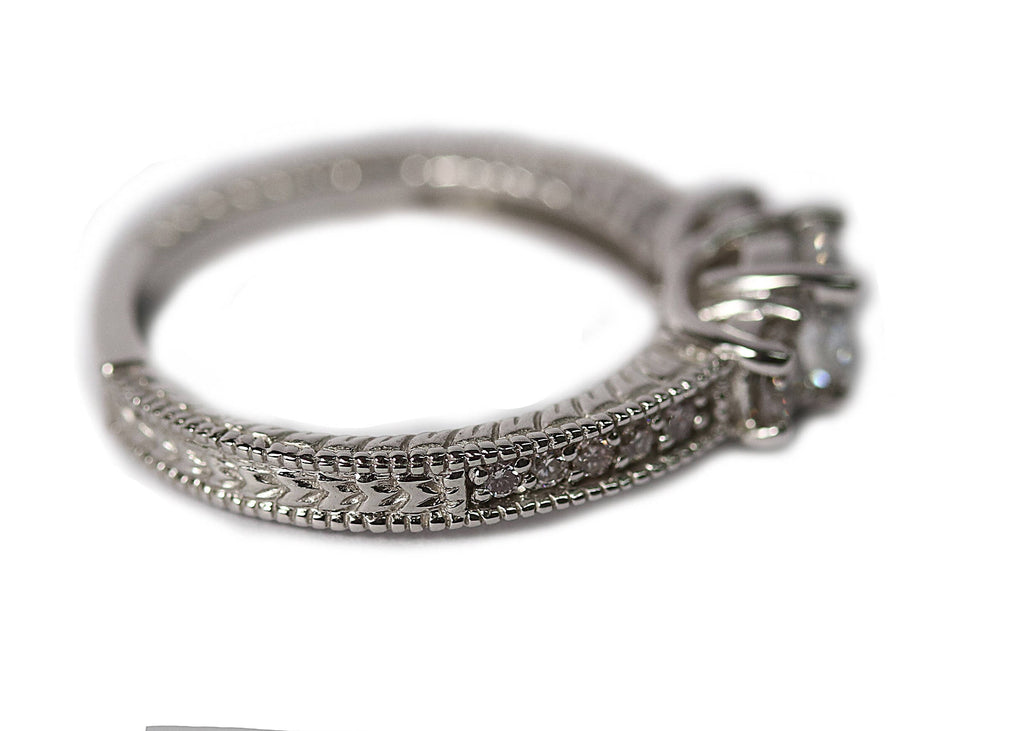 14K White gold engraved Engagement Ring, 0.91ct tw diamonds, White diamond center, light pink sides