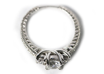 14K White gold engraved Engagement Ring, 0.91ct tw diamonds, White diamond center, light pink sides