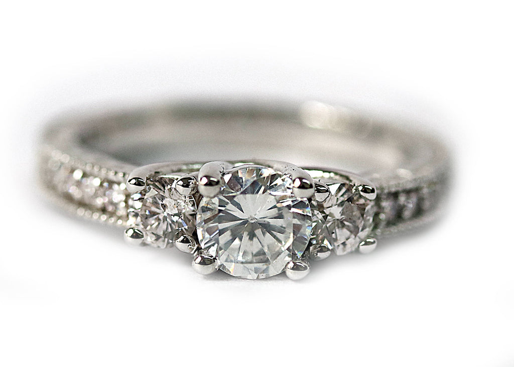 14K White gold engraved Engagement Ring, 0.91ct tw diamonds, White diamond center, light pink sides